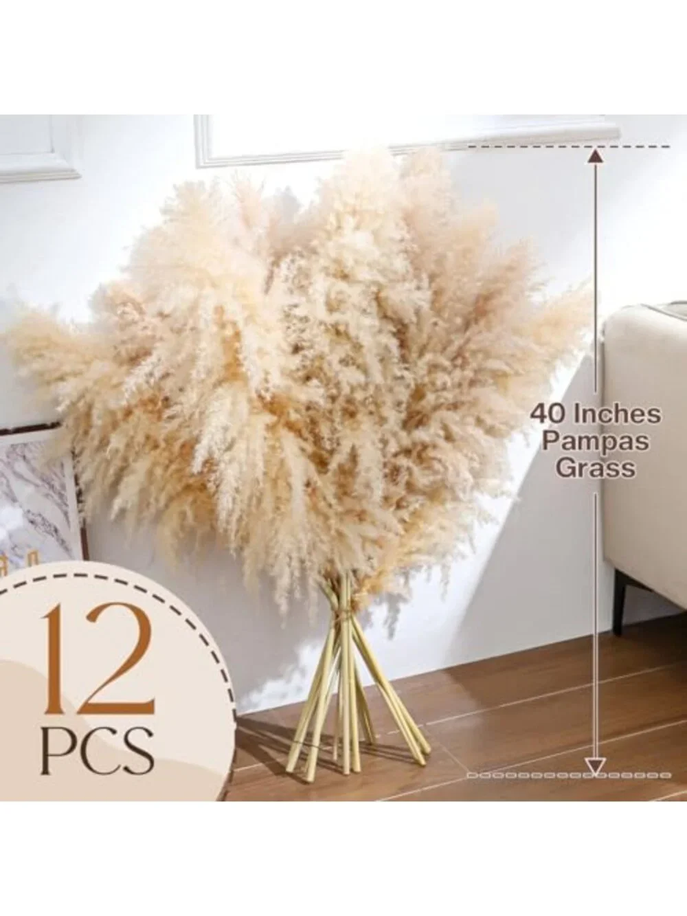 40-Inch Dried Pampas Grass Stems - 12Pcs Fluffy Decor for Home & Weddings